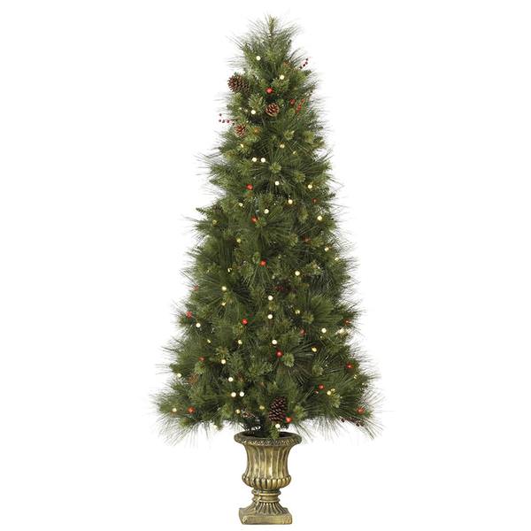 4' x 23" Artificial Inoko Pine Slim 100 Warm White / Red LED Lights with Pine Cones