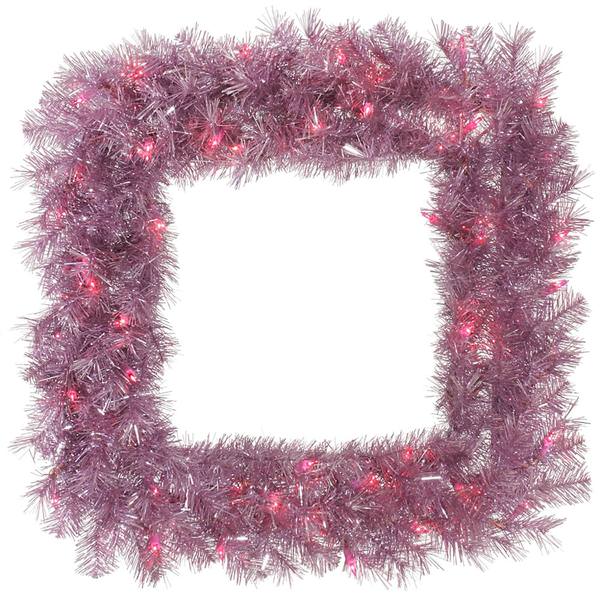 30" Artificial Orchid Pink Tinsel Square Wreath 50 Pink Miniature Lights