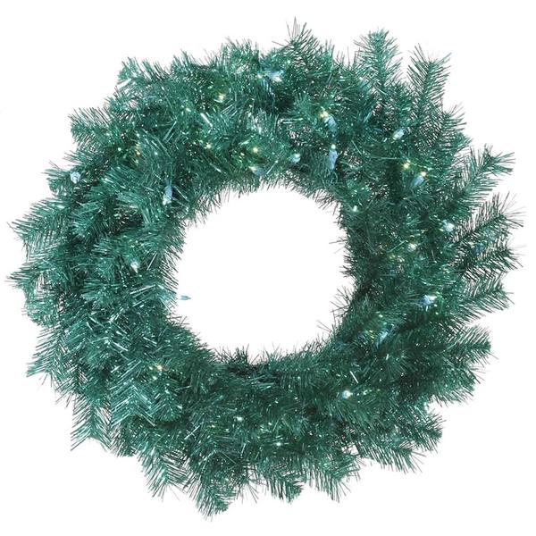 24" Artificial Aqua Tinsel Wreath 50 Teal LED Lights