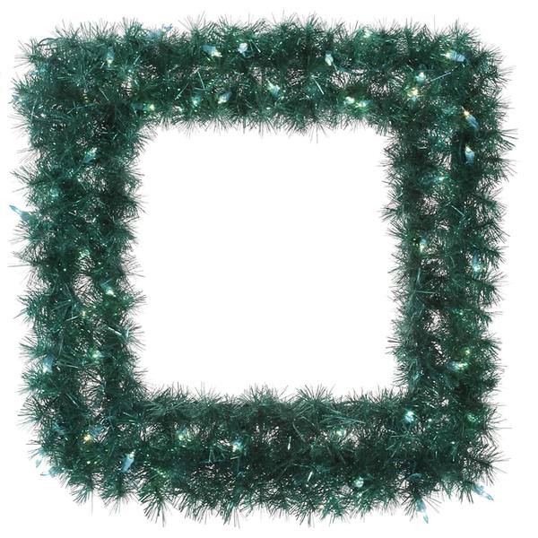 30" Artificial Aqua Tinsel Square Wreath 50 Teal Miniature Lights