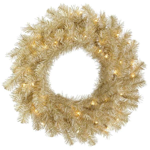 24" Artificial White / Gold Tinsel Wreath 50 Warm White LED Lights