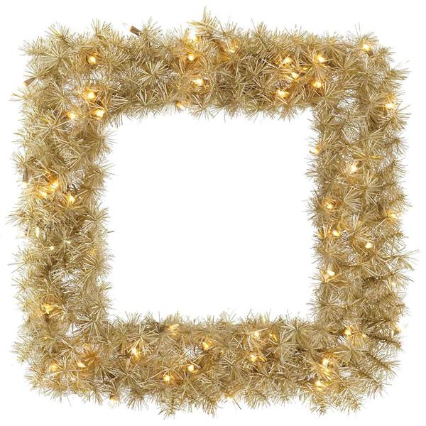 30" Artificial White / Gold Tinsel Square Wreath 50 Warm White LED Lights