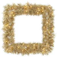 Vickerman 30" Artificial White / Gold Tinsel Square Wreath 50 Warm White LED Lights