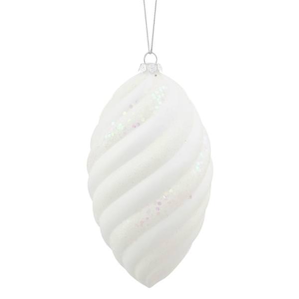 8" White Matte Glitter Swirl Drop Ornament