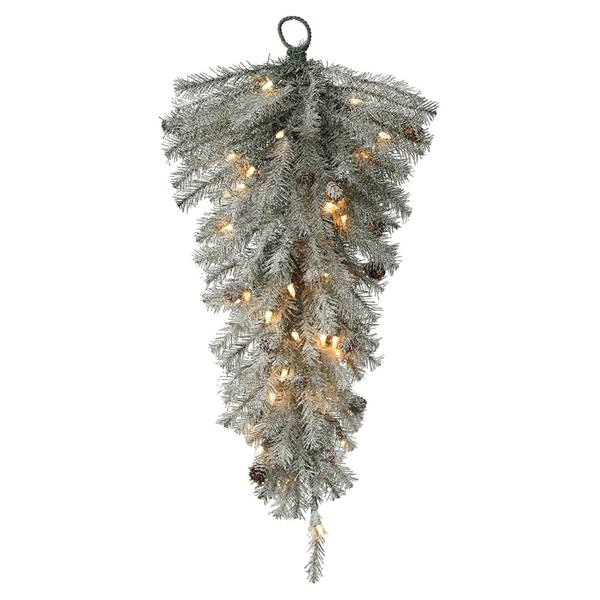 30" Artificial Frosted Pistol Pine Teardrop 50 Clear Miniature Lights with Berries and Pine Cones