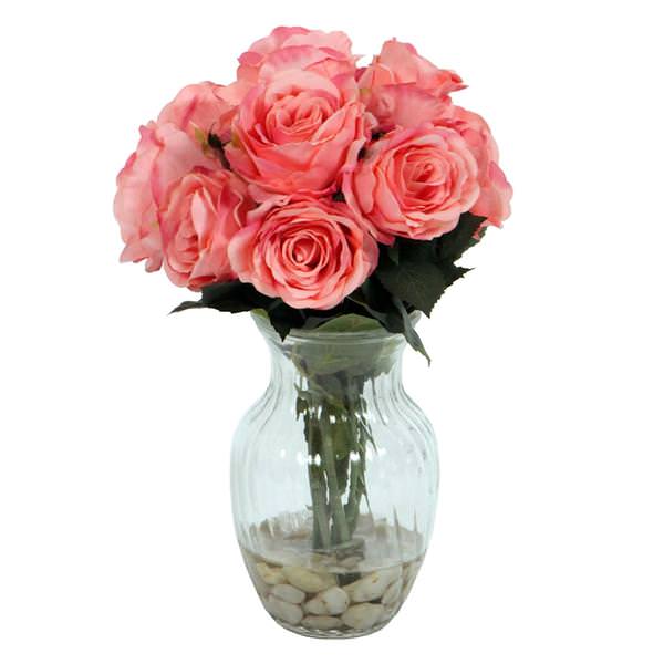 15" Artificial Pink Rose Arrangement in Clear Vase