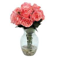 Vickerman 15" Artificial Pink Rose Arrangement in Clear Vase