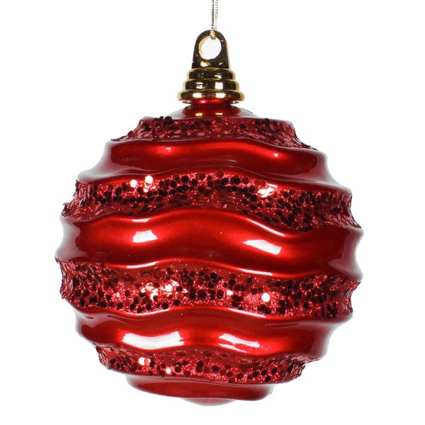 6" Red Candy Glitter Wave Ball Ornament