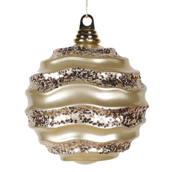 6" Champagne Candy Glitter Wave Ball Ornament