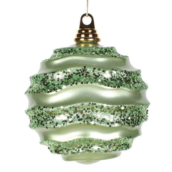 6" Celadon Candy Glitter Wave Ball Ornament
