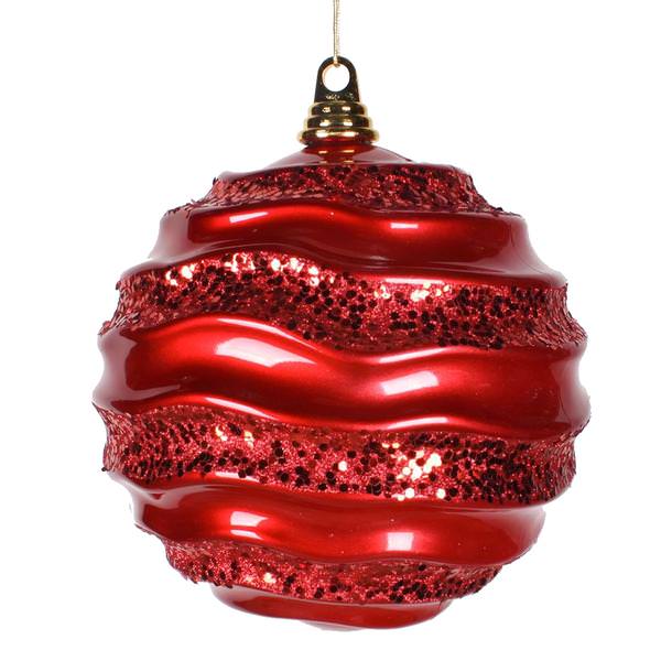 7.9" Red Candy Glitter Wave Ball Ornament