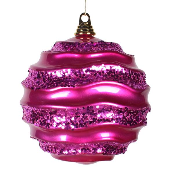7.9" Cerise Candy Glitter Wave Ball Ornament