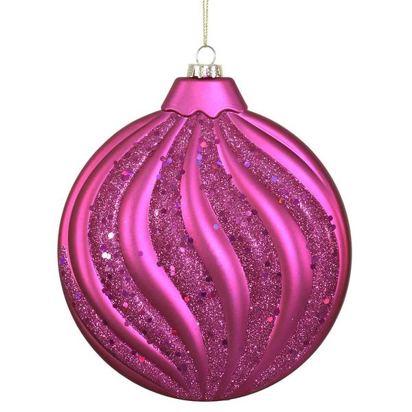 6" Magenta Matte-Glitter-Sequin Swirl Flat Ball Ornament