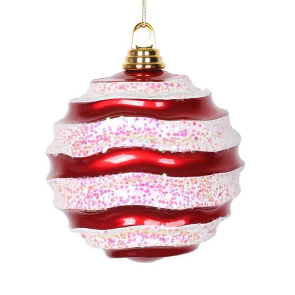 6" Red / White Candy Glitter Wave Ball Ornament