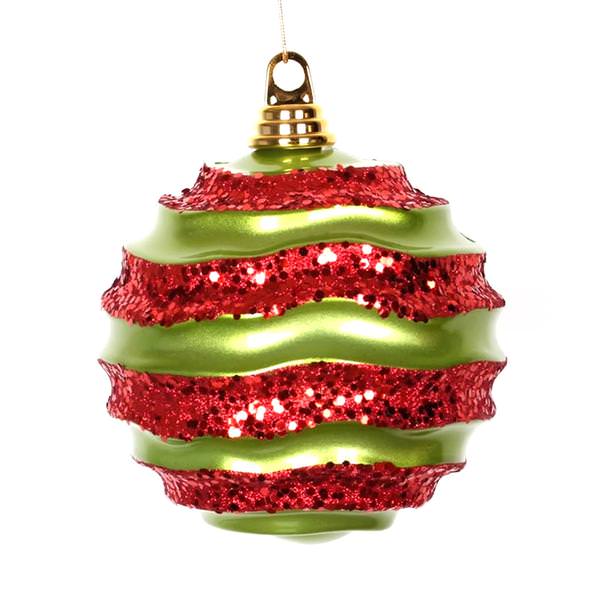 6" Lime / Red Candy Glitter Wave Ball Ornament