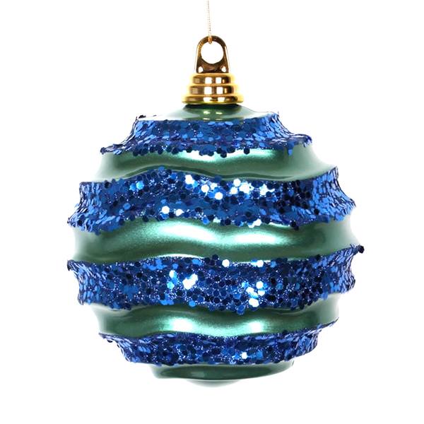 6" Teal / Sea Blue Candy Glitter Wave Ball Ornament