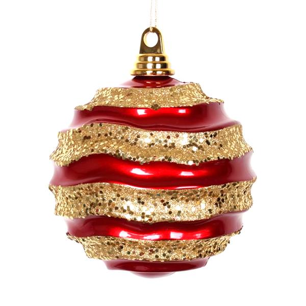 6" Red / Gold Candy Glitter Wave Ball Ornament