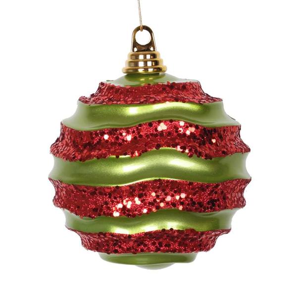 8" Lime / Red Candy Glitter Wave Ball Ornament