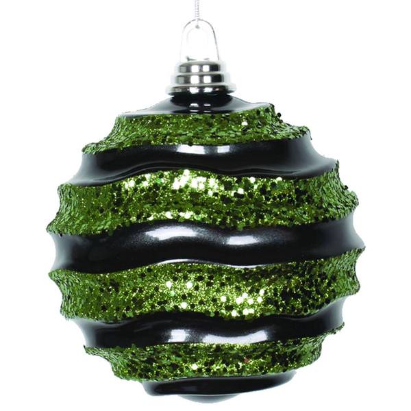 8" Black-Lime Candy Glitter Wave Ball Ornament