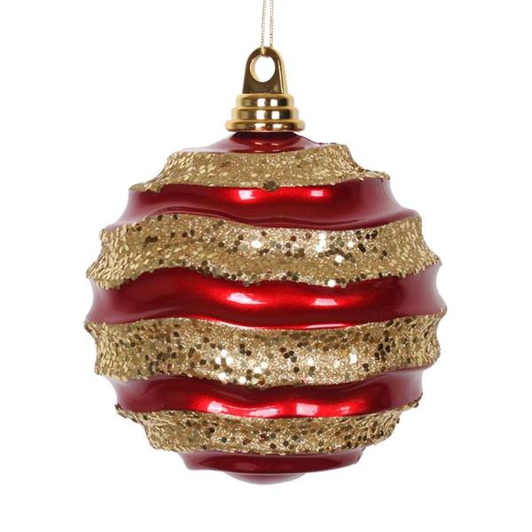 8" Red / Gold Candy Glitter Wave Ball Ornament