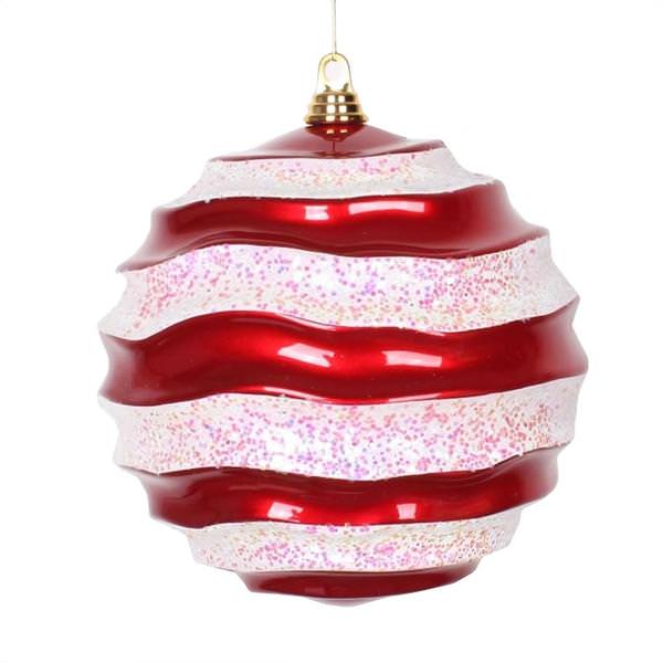 10" Red / White Candy Glitter Wave Ball Ornament