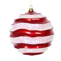 Vickerman 10" Red / White Candy Glitter Wave Ball Ornament