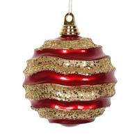 Vickerman 10" Red-Gold Candy Glitter Wave Ball Ornament