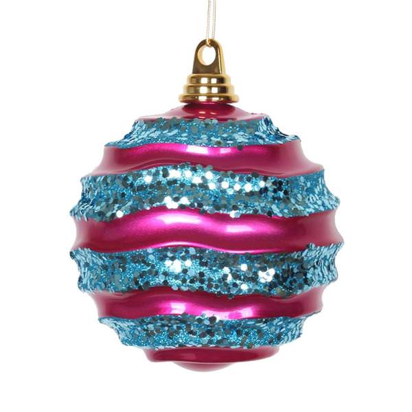 10" Cerise / Turquoise Candy Glitter Wave Ball Ornament