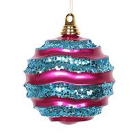 Vickerman 10" Cerise / Turquoise Candy Glitter Wave Ball Ornament