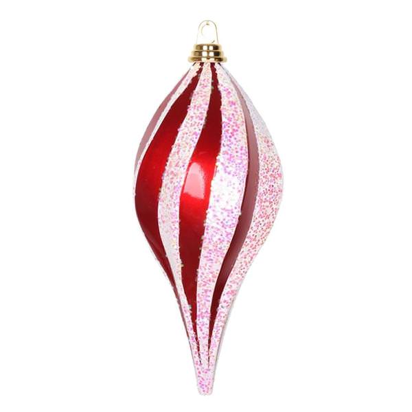 12" Red / White Candy Glitter Swirl Drop Ornament