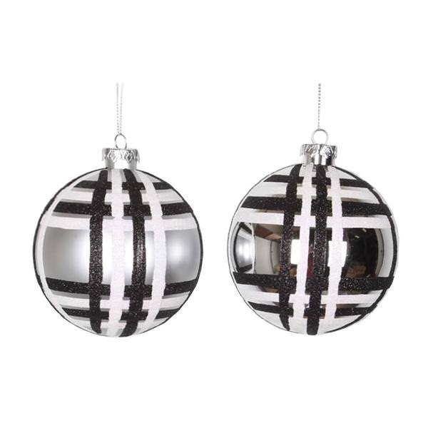 4" Silver / White / Black Shiny Matte Glitter Ball Ornament (4 pack)