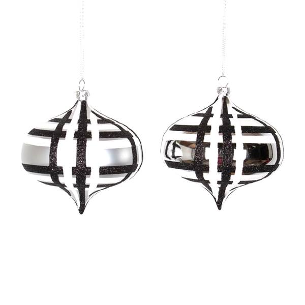 4" Silver / White / Black Shiny Matte Glitter Onion Ornament (4 pack)