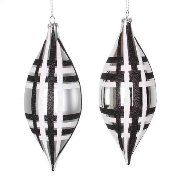 7" Silver / White / Black Shiny Matte Glitter Drop Ornament (4 pack)