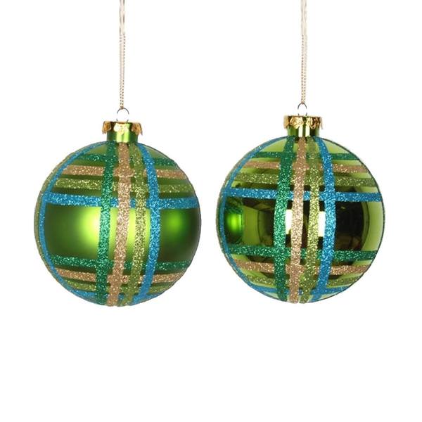 4" Lime / Turquoise / Gold Shiny Matte Glitter Ball Ornament (4 pack)