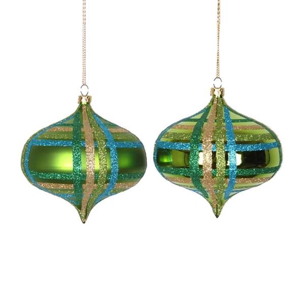 4" Lime / Turquoise / Gold Shiny Matte Glitter Onion Ornament (4 pack)