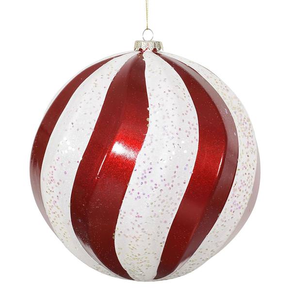 8" Red / White Matte Glitter Swirl Ball Ornament