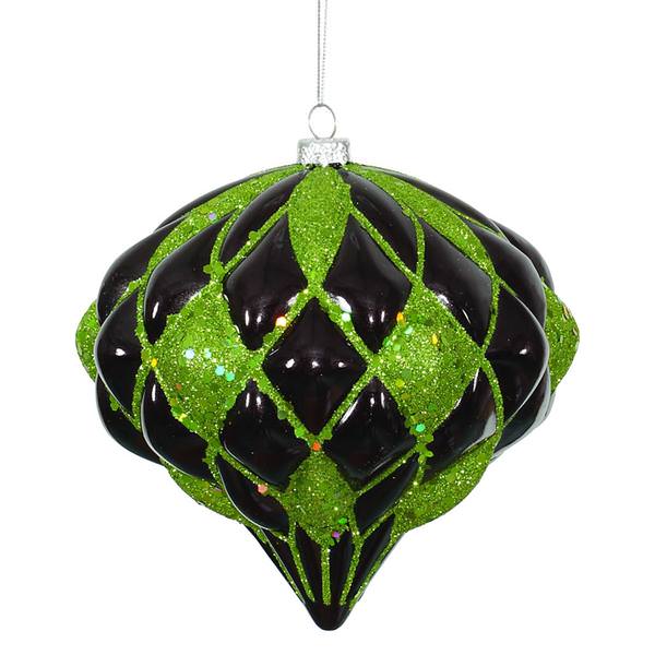 5.7" Black / Green Matte Glitter Diamond Onion Ornament