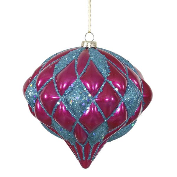 5.7" Cerise / Teal Matte Glitter Diamond Onion Ornament