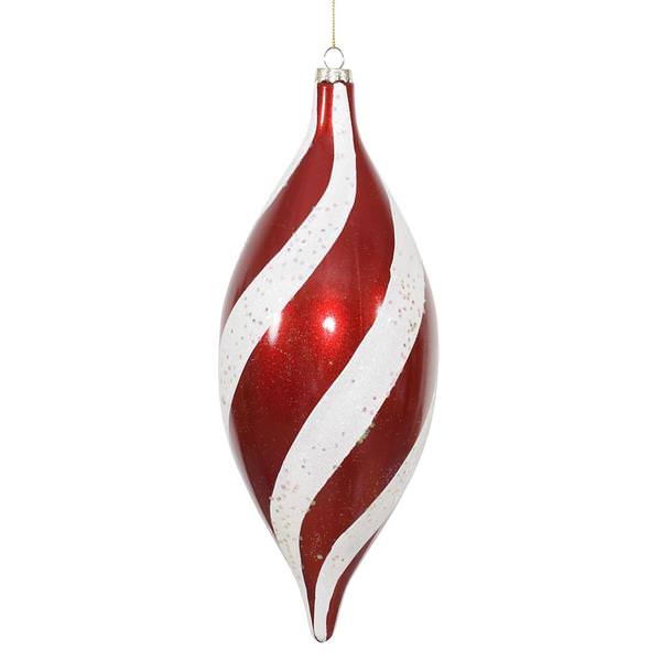 11" Red / White Matte Glitter Spiral Drop Ornament