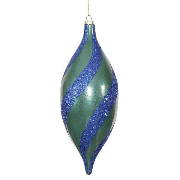 11" Candy Apple Teal W/Sea Blue Glitter/Sequin Spiral Drop Ornament