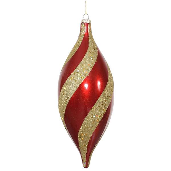 11" Red / Gold Matte Glitter Spiral Drop Ornament