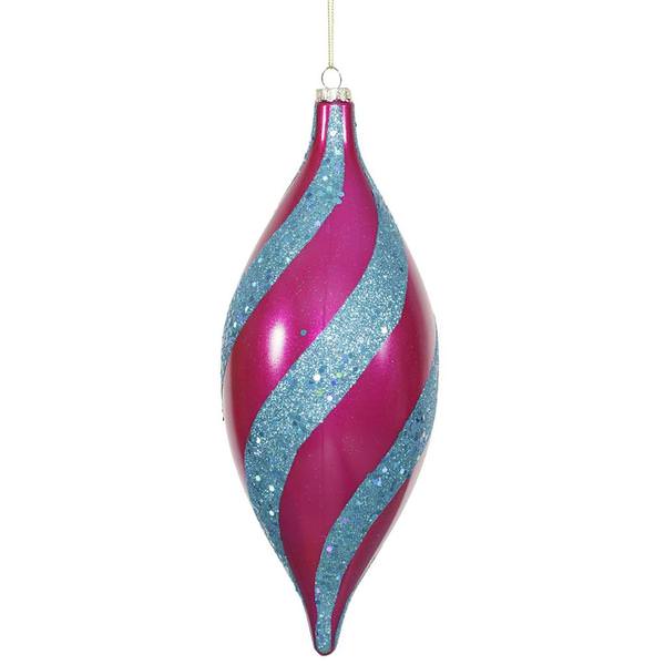 11" Cerise W/Teal Glitter/Sequin Spiral Drop Ornament