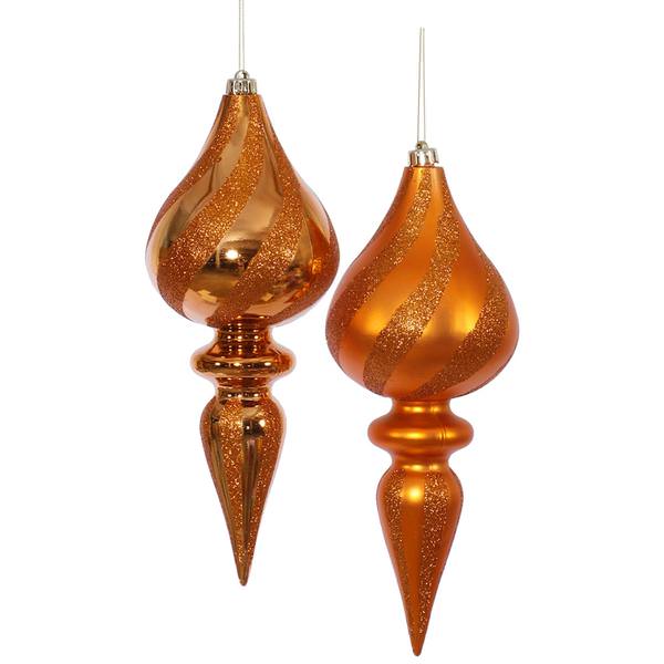 12" Burnished Orange Glitter Finial Ornament (2 pack)