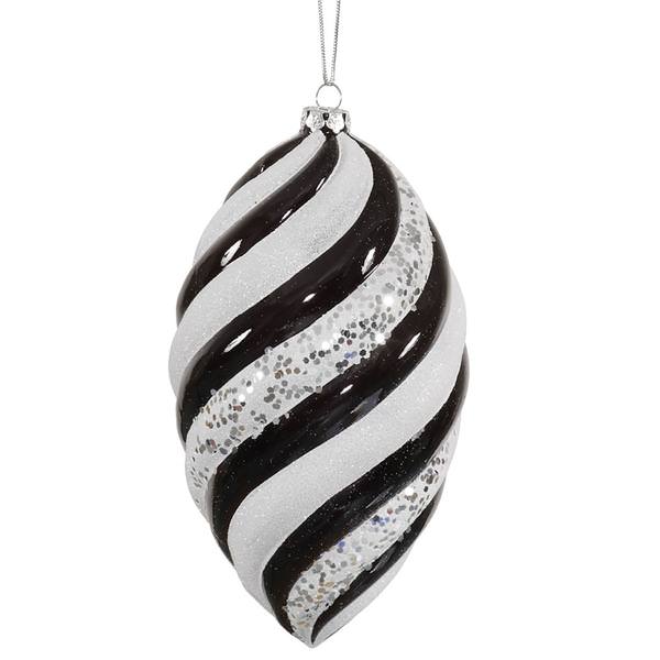 8" Black / White Glitter Swirl Drop Ornament