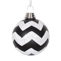 Vickerman 4" Black / White Matte Glitter Chevron Ball Ornament