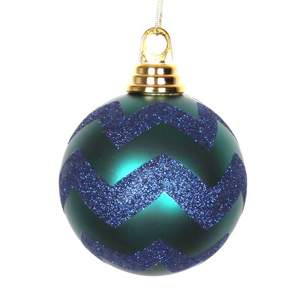 4" Teal / Sea Blue Plastic Matte-Glitter Chevron Ball Ornament (4 pack)