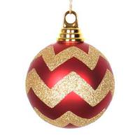 Vickerman 4" Red / Gold Matte Glitter Chevron Ball Ornament (4 pack)
