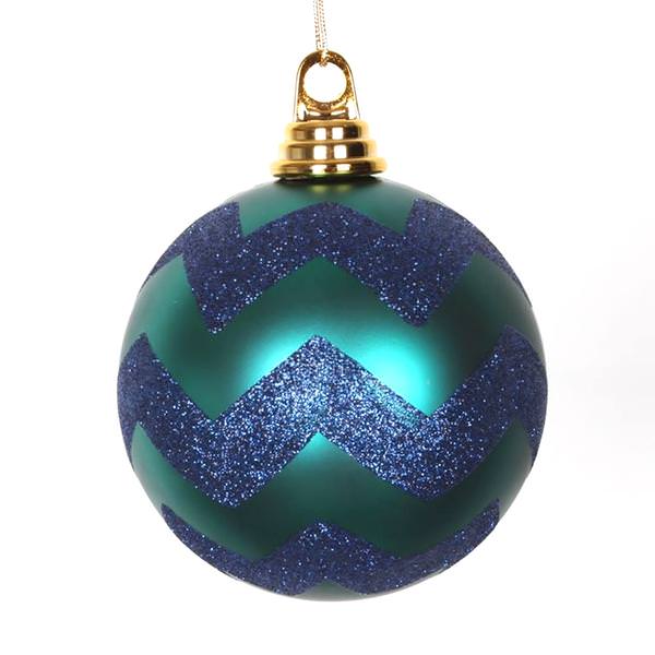 4.75" Teal / Sea Blue Matte Glitter Chevron Ball Ornament