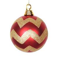Vickerman 4.75" Red / Gold Matte Glitter Chevron Ball Ornament