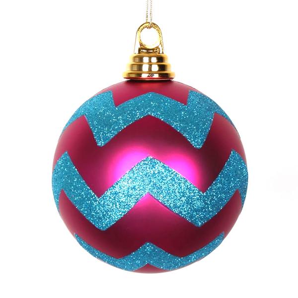 4.75" Cerise / Turquoise Matte Glitter Chevron Ball Ornament